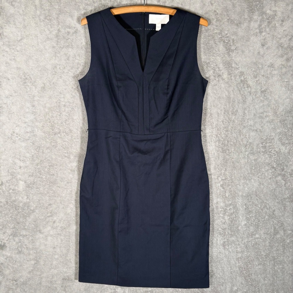 Hugo Boss Navy Blue Pinstripe 100% Virgin Wool Sheath Dress Size 10 Professional